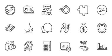 Web uygulaması için Temassız Ödeme, Hesap Makinesi ve İş Hattı simgeleri ana hatları. Konuşma, bilgi, teslimat kamyonu taslak ikonu. Histogram, Denetim, Dolar oranı simgelerini dahil et. Vektör