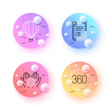 Kontrol listesi, işçi eli ve 360 derece minimum çizgi simgesi. 3 boyutlu küreler ya da top düğmeleri. Hava balonu ikonları. İnternet, uygulama, baskı için. Grafik raporu, çalışma teçhizatı, tam rotasyon. Vektör