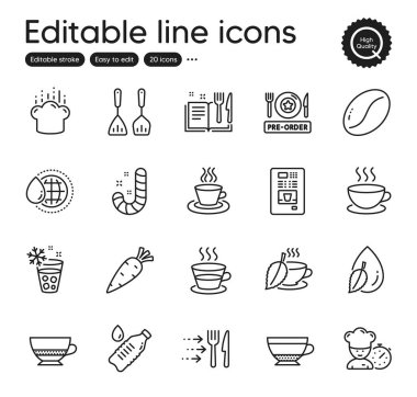 Yiyecek ve içecek ikonları seti. Kuru kapuçino, çatal bıçak ve su damlası elementleri gibi ikonlar içerir. Yemek teslimatı, buz makinesi, çay fincanı web tabelaları. Kapuçino, su şişesi. Vektör
