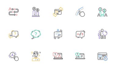 UX hat simgeleri. AB testi, yolculuk yolu haritası ve soru işareti. Sınav doğrusal simgesi seti. İki renkli ağ elementleri. Vektör