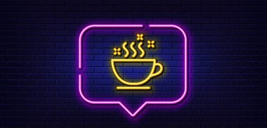 Neon light speech bubble. Coffee cup line icon. Hot cappuccino sign. Tea drink mug symbol. Neon light background. Coffee cup glow line. Brick wall banner. Vector clipart