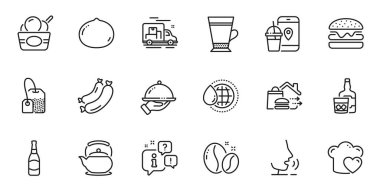 İnternet uygulaması için Dünya Suyu, Latte ve Gıda dağıtım hattı ikonları. Konuşma, bilgi, teslimat kamyonu taslak ikonu. Çaydanlık, dondurma, Gıda uygulaması ikonları dahil. Vektör