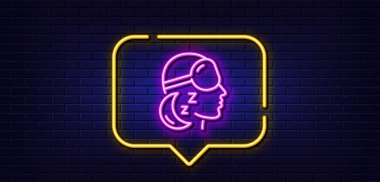 Neon ışığı konuşma balonu. Uykusuzluk çizgisi ikonu. Uyku gözlüğü işareti. Uykusuzluk sembolü. Neon ışıklı arka plan. Uykusuzluk hattı. Tuğla duvar afişi. Vektör