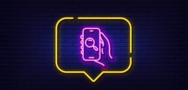 Neonlicht Sprechblase Suche App Zeilensymbol Handzeichen Halten Handy Mit Bildschirm — Stockvektor