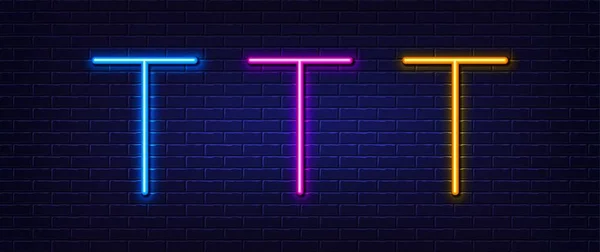 初始字母T图标 霓虹灯光谱线效应 线条排字符号 大的第一字体字母 发光的霓虹灯 字母T发光3D线 砖墙横幅 — 图库矢量图片