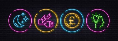 Pound para, elektrik prizi ve Ay çizgi simgeleri. Neon lazer 3D ışıklar. Fikir simgeleri. İnternet, uygulama, baskı için. Para birimi, elektrik enerjisi, gece rüyası. Profesyonel bir iş. Vektör