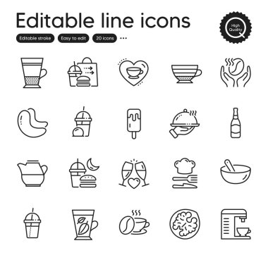 Yiyecek ve içecek ikonları seti. Yemek pişirme, restoran yemekleri ve dondurmalı milkshake öğeleri gibi ikonlar içerir. Süt sürahisi, nane yaprakları, yiyecek dağıtım ağı tabelaları. Kahve, Gece Yemeği. Vektör
