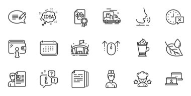 Köpek sertifikası, en iyi aşçı ve cüzdan hattı simgeleri web uygulaması için. Konuşma, bilgi, teslimat kamyonu taslak ikonu. Arena, iş görüşmesi, Doktor ikonları dahil. Vektör