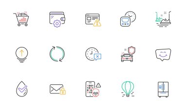 Hava balonu, siber saldırı ve internet sitesi ve baskı için gülümseme sohbet hattı simgeleri. Refresh koleksiyonu, internet uyarısı, cüzdan simgeleri. Metro, dermatolojik olarak test edilmiş web elementleri. Vektör