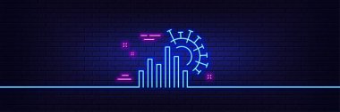 Neon ışık efekti. Coronavirus istatistik çizgisi simgesi. Covid-19 grafik işareti doğruladı. Corona virüsü pandemik sembolü. 3D çizgi neon ışıklı ikon. Tuğla duvar afişi. Vektör