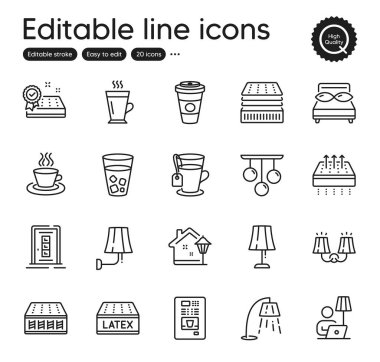 Set of Interiors outline icons. Contains icons as Sconce light, Door and Latte elements. Tea, Latex mattress, Tea cup web signs. Mattress, Street light, Table lamp elements. Vector clipart