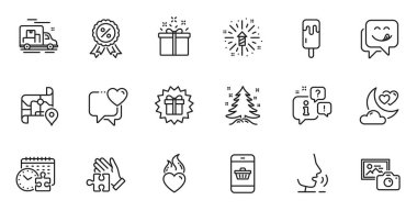 Web uygulaması için Kalp, Harita ve Sürpriz hediye satırı ikonları. Konuşma, bilgi, teslimat kamyonu taslak ikonu. Bulmaca zamanı, Noel ağacı, leziz gülümseme simgeleri dahil. Vektör
