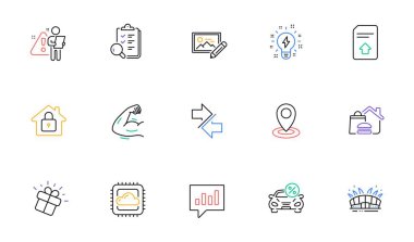 Arena stadyumu, yemek teslimatı ve web sitesi ve baskı için dosya hattı simgeleri yükleme. İlham Koleksiyonu, Hediye, Güçlü kol simgeleri. Lock, Arama çalışanı, araba kiralama ağı elemanları. Vektör