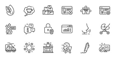 Web sitesi, internet trafiği ve internet uygulaması için kahve dükkanı simgeleri. Konuşma, bilgi, teslimat kamyonu taslak ikonu. Favorit, Bebek Arabası, Toptan Mallar İkonaları dahil. Vektör