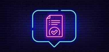 Neon ışığı konuşma balonu. Onaylanmış belge satırı simgesi. Kabul edilmiş dosya işareti. Doğrulama sembolü. Neon ışıklı arka plan. Onaylanmış belge parlama çizgisi. Tuğla duvar afişi. Vektör