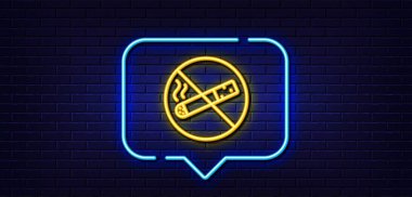 Neon ışığı konuşma balonu. Sigara içme ikonu yok. Duman işaretini durdur. Sigara sembolünü yasakla. Neon ışıklı arka plan. Dumanı tüten ışık hattı yok. Tuğla duvar afişi. Vektör