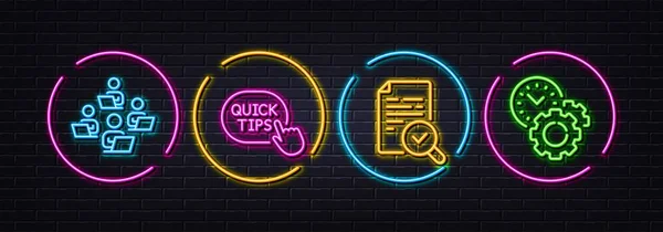 Inspect, Quick tips and Teamwork minimal line icons. Neon laser 3d lights. Time management icons. For web, application, printing. Research document, Helpful tricks, Remote work. Settings. Vector