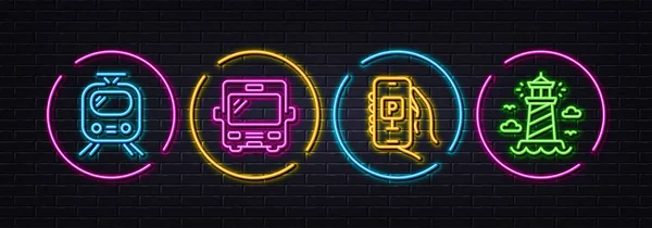 Bahn Parking App Und Bus Miniatur Symbole Neon Laser Lichter — Stockvektor