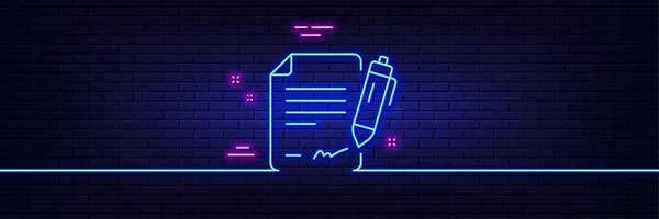 Neon Light Glow Effect Signing Document Line Icon Contract Signature — Stock Vector