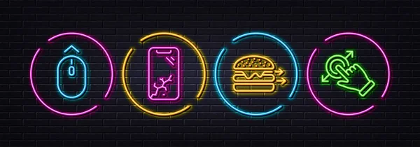 智能手机坏了 食品交付和擦掉最小的线路图标 霓虹灯3D灯 触摸屏手势图标 用于网络 手机撞车 芝士汉堡 — 图库矢量图片