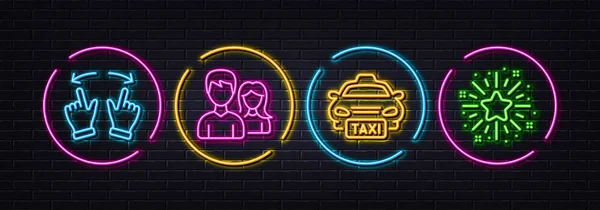 タクシー チームワーク ジェスチャーを最小限のラインアイコンに移動します ネオンレーザー3Dライト 双子の星のアイコン Web アプリケーション 印刷用 公共交通機関 女性と男 — ストックベクタ