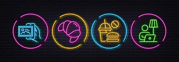 Album Obrazu Fast Food Croissant Minimalne Ikony Linii Neonowe Światła — Wektor stockowy