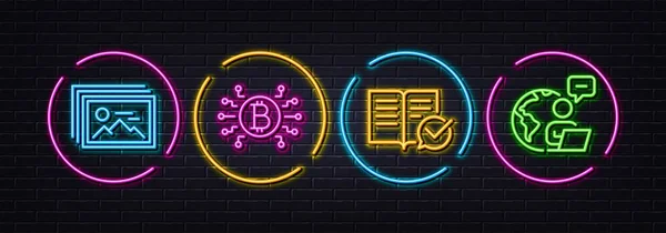 Galeria Zdjęć Zatwierdzona Dokumentacja System Bitcoin Minimalne Ikony Linii Neonowe — Wektor stockowy