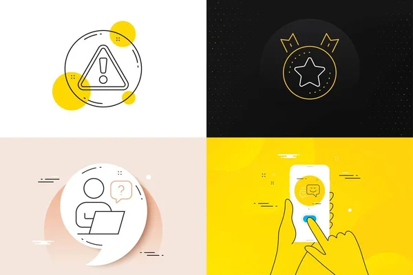 Minimal set of Happy emotion, Warning and Ranking star line icons. Phone screen, Quote banners. Online question icons. For web development. Web chat, Important message, Winner medal. Vector