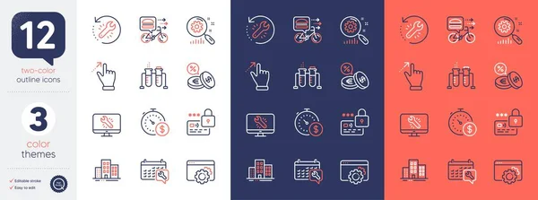 Set Seo Gear Buildings Spanner Line Icons Include Currency Exchange — Stock Vector