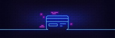 Neon light glow effect. Credit card line icon. Bank payment method sign. Online Shopping symbol. 3d line neon glow icon. Brick wall banner. Credit card outline. Vector