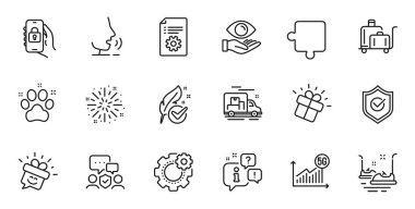 Web uygulaması için Gülümseme, Sağlık Gözü ve Bulmaca çizgi simgeleri. Konuşma, bilgi, teslimat kamyonu taslak ikonu. Vektör