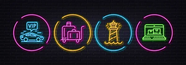 Vip Transfer Gepäckwagen Und Leuchtturm Minimal Line Symbole Neon Laser — Stockvektor