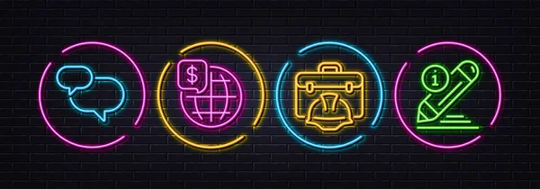 世界货币 聊天和建设工具箱最小行图标 霓虹灯3D灯 编辑图标 用于网络 全球市场 言语泡沫 设计师头盔 — 图库矢量图片