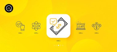 Para birimi, ses kontrolü ve kontrol kutusu simgeleri satın alınıyor. Sarı soyut arkaplan. Atom çekirdeği, kabul edilen ödeme ikonları. İnternet, uygulama, baskı için. Vektör