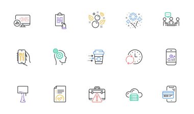 Restoran uygulaması, Smartphone istatistikleri ve web sitesi ve yazdırma için zaman çizelgesi simgelerini güncelle. Masa lambası koleksiyonu, Havai fişekler, uyarı evrak çantası simgeleri. İnsanlar sohbet ediyor, onaylanmış belgeler. Vektör