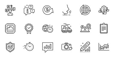 Globe 'un ana hatları, Finansal diyagram ve web uygulaması için pano satırı simgeleri. Konuşma, bilgi, teslimat kamyonu taslak ikonu. Bulut hesaplama, dolar değişimi, onaylanmış simgeler dahil. Vektör