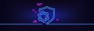 Neon light glow effect. Coronavirus protection line icon. Covid virus sign. Infection protect symbol. 3d line neon glow icon. Brick wall banner. Coronavirus outline. Vector