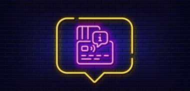 Neon ışığı konuşma balonu. Kredi kartı simgesi. Banka para ödeme tabelası onaylandı. Nakitsiz ödeme sembolü. Neon ışıklı arka plan. Kart parlama hattı. Tuğla duvar afişi. Vektör