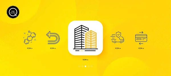 Kreditkarte Transportversicherung Und Minimalzeilensymbole Rückgängig Machen Gelber Abstrakter Hintergrund Hochhäuser — Stockvektor
