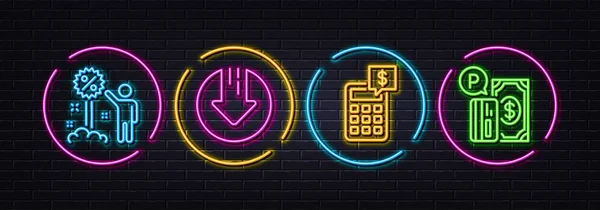 Taschenrechner Rabatt Und Downloadpfeil Minimale Zeilensymbole Neon Laser Lichter Bezahlsymbole — Stockvektor