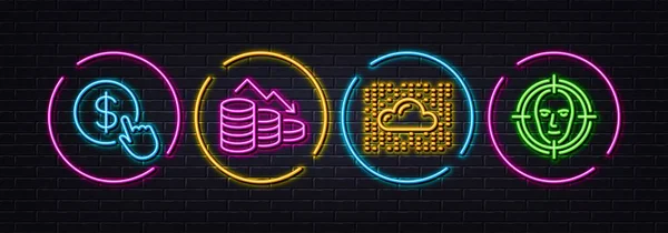 Cloud Systeem Geld Verlies Koop Valuta Minimale Lijn Pictogrammen Neon — Stockvector
