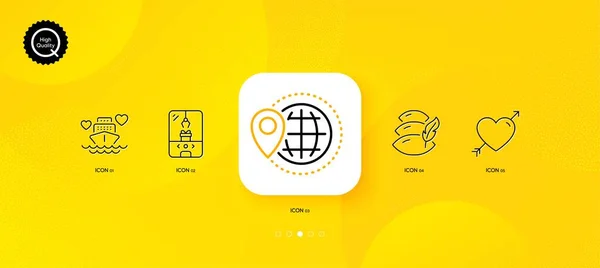 世界旅行和蜜月游轮最小线图标 黄色的抽象背景 鹤爪机 爱图标 用于网络 — 图库矢量图片