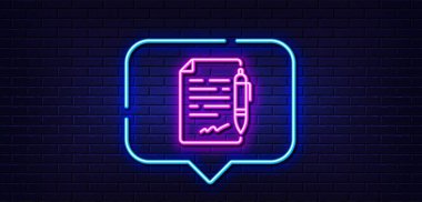 Neon ışığı konuşma balonu. Anlaşma belgesi simgesi. Kontrat dosya imzası. Ofis sembolü. Neon ışıklı arka plan. Anlaşma belgesi parlama hattı. Tuğla duvar afişi. Vektör