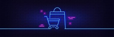 Neon light glow effect. Shopping cart line icon. Customer sale bag sign. Supermarket purchases symbol. 3d line neon glow icon. Brick wall banner. Sale bags outline. Vector