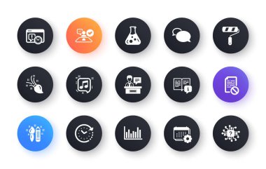 Web geliştirme için çok az sergi, zaman değişimi ve boya silindirli düz simgeler. Fırça, proje teslim tarihi, müzik notaları simgeleri. İş görüşmesi, Kılavuz, Bar diyagramı, web elemanları. Vektör