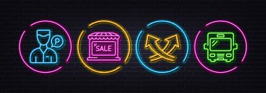 Uşak, pazar satışı ve Kavşak Okları en az çizgi simgesi. Neon lazer 3D ışıklar. Otobüs simgeleri. İnternet, uygulama, baskı için. Otoparkçı, mağaza indirimi, borsa. Vektör