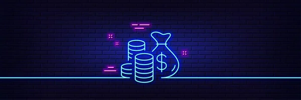 Neon Light Glow Effect Coins Bag Line Icon Cash Money — Stock Vector