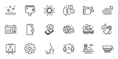 Kan bağışı, Deniz feneri ve çamaşır yıkama el çizgisi ikonları web uygulaması için. Konuşma, bilgi, teslimat kamyonu taslak ikonu. Ayarlar, Cashback, Coronavirus simgeleri dahil. Vektör