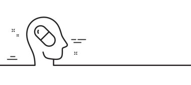 Depresyon tedavi çizgisi simgesi. Baş ağrısı hapı işareti. Akıl sağlığı sembolü. Asgari çizgi çizimi arka planı. Depresyon tedavi hattı ikon desenli pankart. Beyaz ağ şablonu konsepti. Vektör