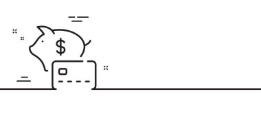 Domuz kumbarası çizgisi ikonu. Kredi kartı tabelası. Tasarruf sembolü. Asgari çizgi çizimi arka planı. Domuzcuk bankası ikon desenli pankart. Beyaz ağ şablonu konsepti. Vektör